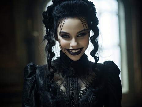 gothic woman in dark attire smiling photo