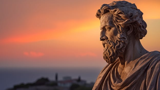 ancient statue overlooking scenic sunset landscape photo