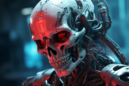 Futuristic cyborg skull with glowing red eyes photo