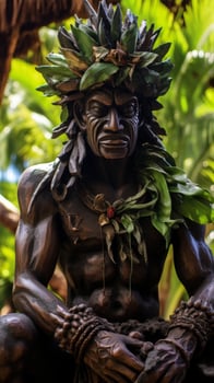 Wooden statue of a tribal figure in a lush green setting photo