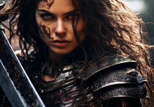Fierce female warrior with intense gaze photo