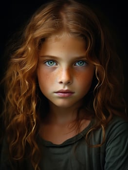 Pensive young girl with curly red hair and striking green eyes photo