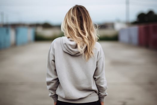 Casual woman with long blonde hair in a gray hoodie photo