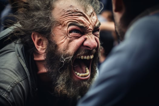 Intense facial expression of angry bearded man photo