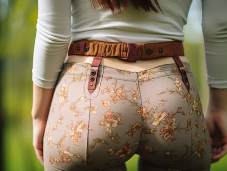 Floral patterned pants with leather belt photo