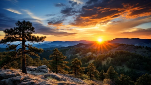 Breathtaking sunset over rugged mountain landscape photo