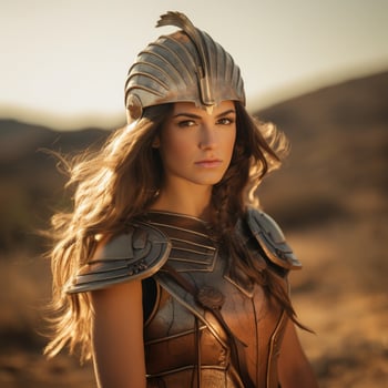 woman in warrior costume in desert landscape photo