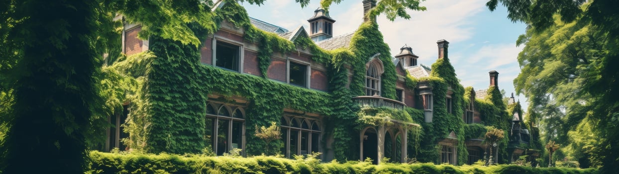 Ivy covered historic building in lush green garden photo