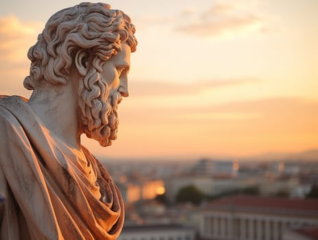ancient greek statue overlooking city at sunset photo