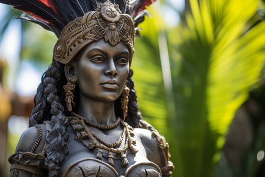 Ornate statue of a tribal figure with intricate headdress and jewelry photo