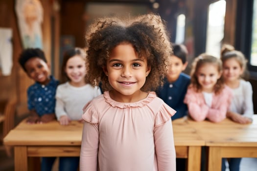 Smiling young girl with curly hair in a classroom setting photo