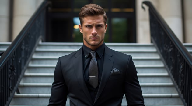 Serious businessman in a dark suit standing on stairs photo
