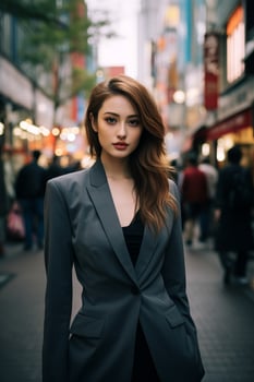 Confident woman in grey suit on city street photo