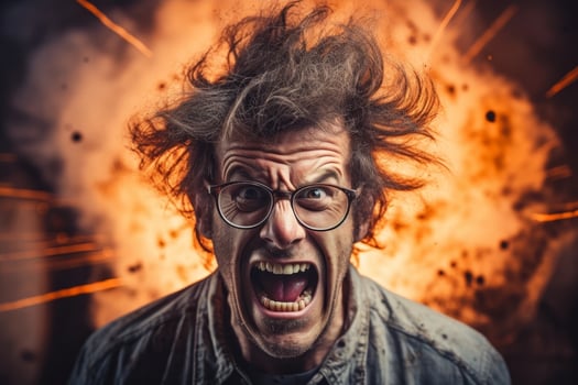 Angry man with wild hair and glasses photo