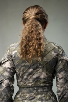 Soldier with curly hair in camouflage uniform photo
