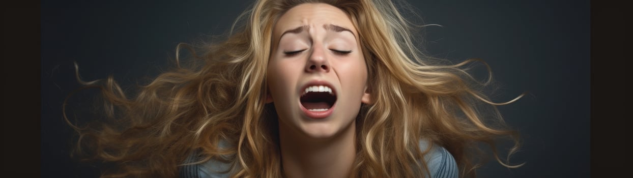 woman with windblown hair screaming in frustration photo