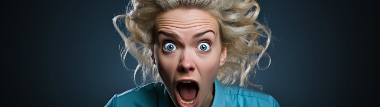 shocked woman with wild hair expression photo