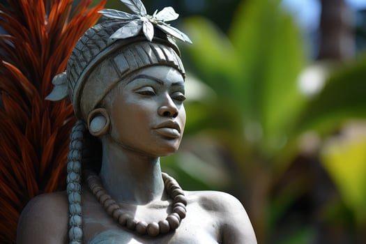 Ornate stone statue of a tribal figure photo