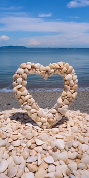heart shaped seashell frame on beach photo