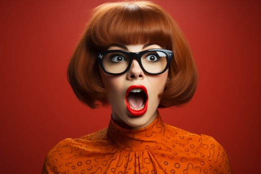 Surprised woman with big glasses and red lips photo