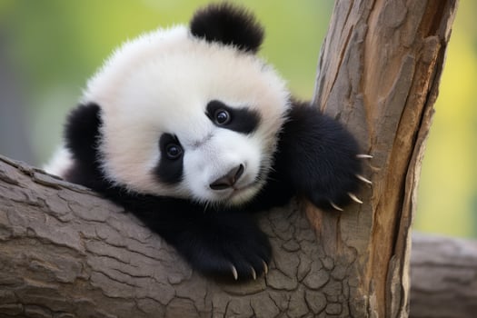 Adorable panda bear cub resting on tree branch photo