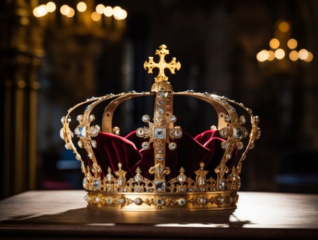 Ornate golden crown with red velvet photo