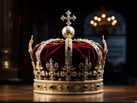 Ornate royal crown with jewels and velvet photo