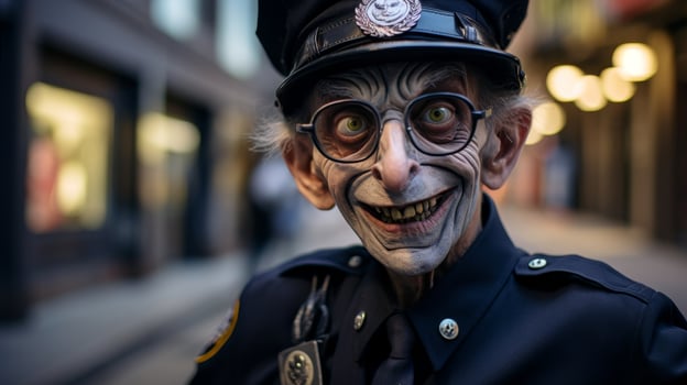 Funny police officer in costume with exaggerated features photo