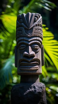 Ornate Tiki Statue in Tropical Foliage photo