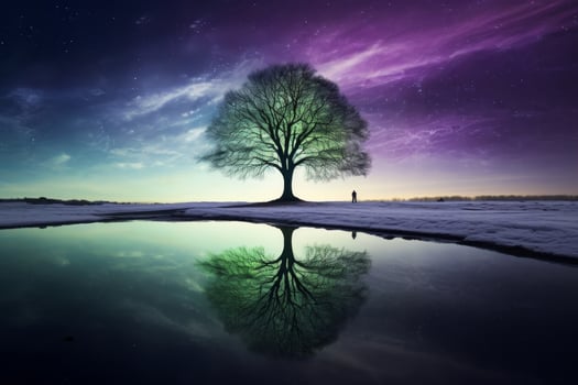 Lone tree silhouette reflecting in still water under colorful night sky photo