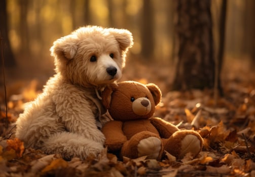 Fluffy dog with stuffed bear in autumn leaves photo