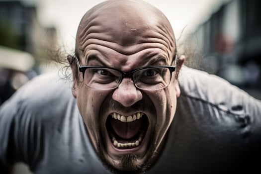 Angry bald man with glasses yelling photo