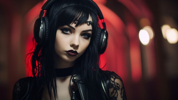 Mysterious woman with dark makeup and headphones photo