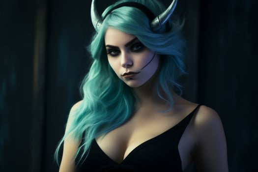 mysterious woman with vibrant blue hair photo