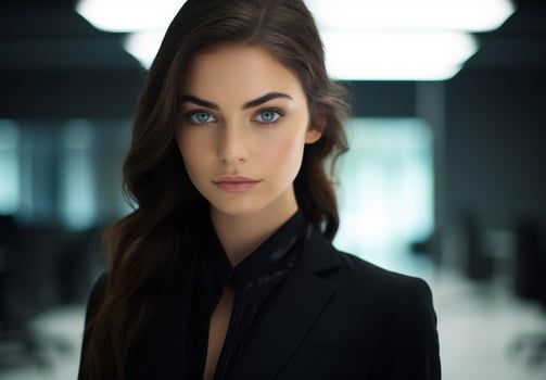 Elegant woman in black coat with serious expression photo