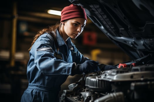 female mechanic working on car engine photo