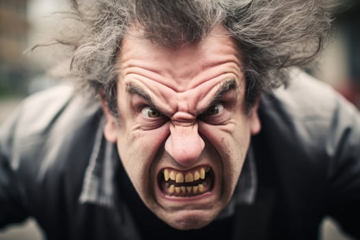 Angry man with wild hair making a scary face photo