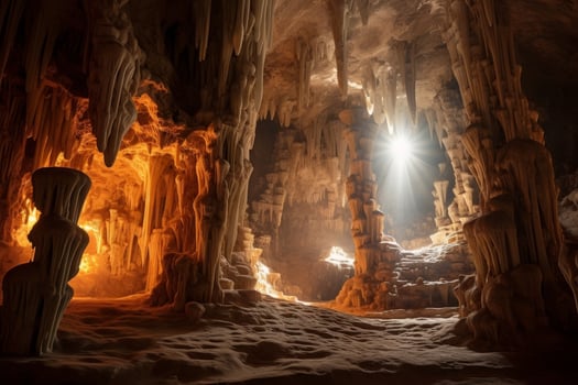 Dramatic underground cave with glowing stalactites photo