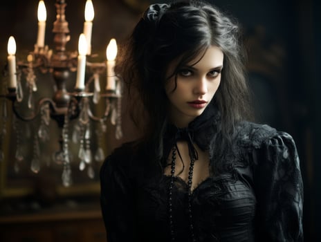 gothic woman in dark room with candles photo