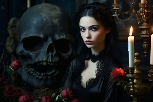 gothic woman with skull and roses photo