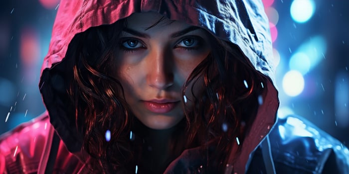 Mysterious woman in red hooded jacket photo