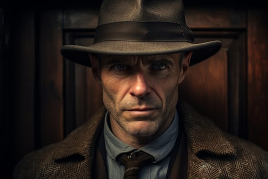 Serious man in hat and coat looking intently photo
