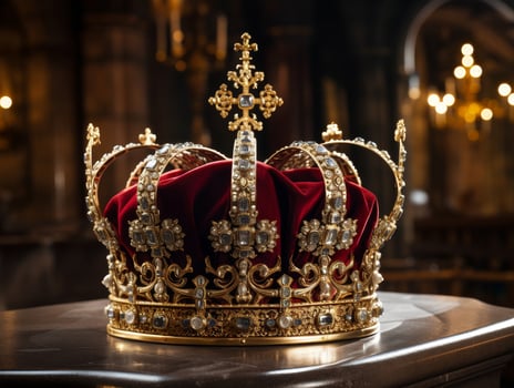 Ornate golden crown with red velvet photo
