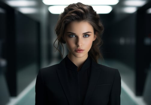 Serious young woman in black suit photo