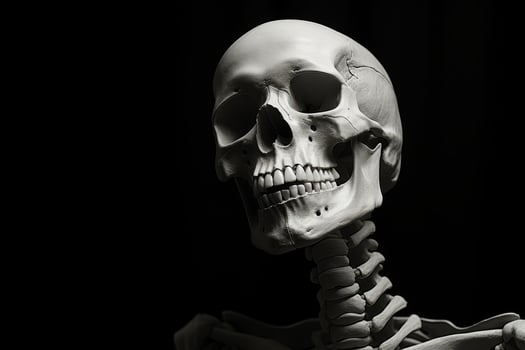Detailed human skull in black and white photo