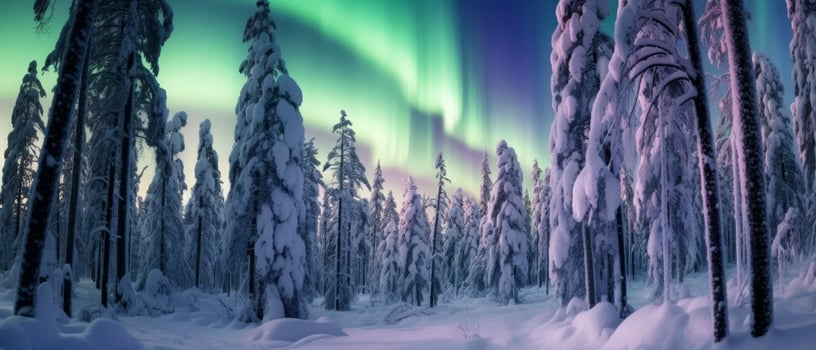 Snowy winter wonderland with northern lights photo