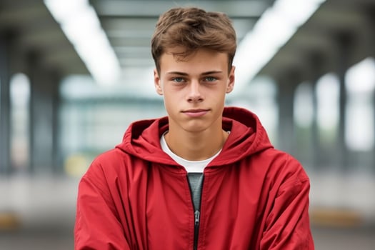 young man in red jacket looking serious photo