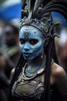 Futuristic tribal warrior with intricate face paint and headdress photo