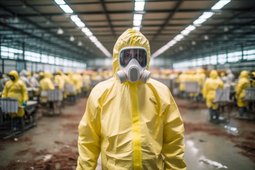 person in protective yellow hazmat suit standing in industrial facility photo