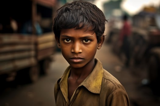 Thoughtful young boy with dark skin and serious expression photo